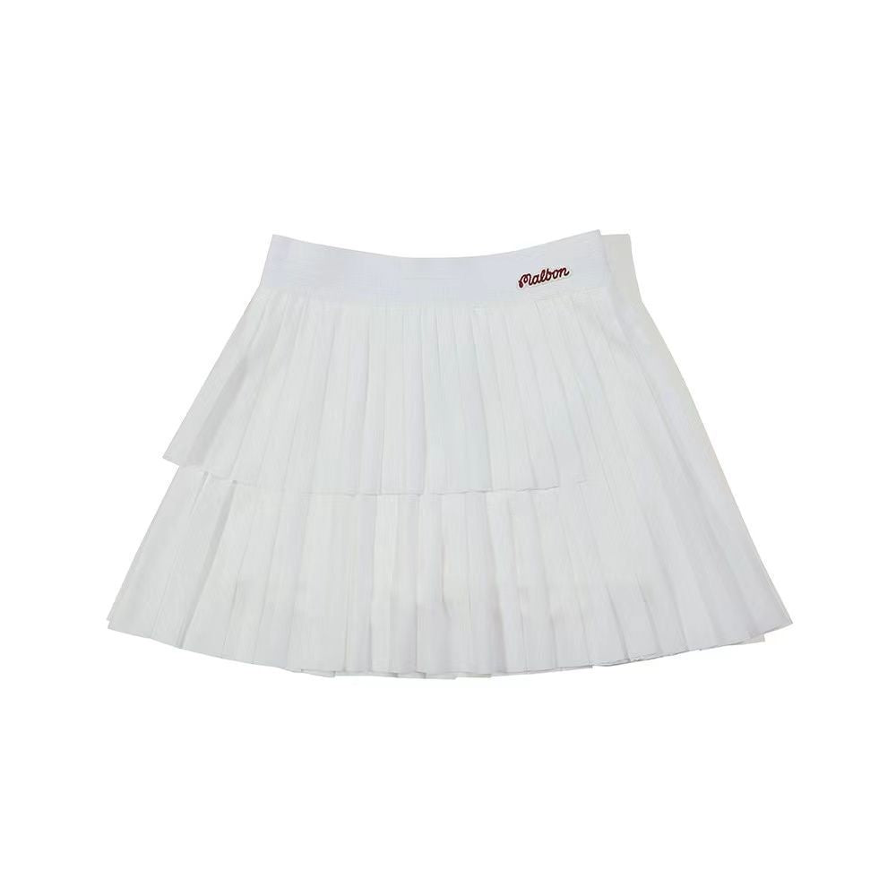 New Malbon Korea Women's Double Layered Pleated Golf Skirt, Elasticated Waist White/Blue/Green