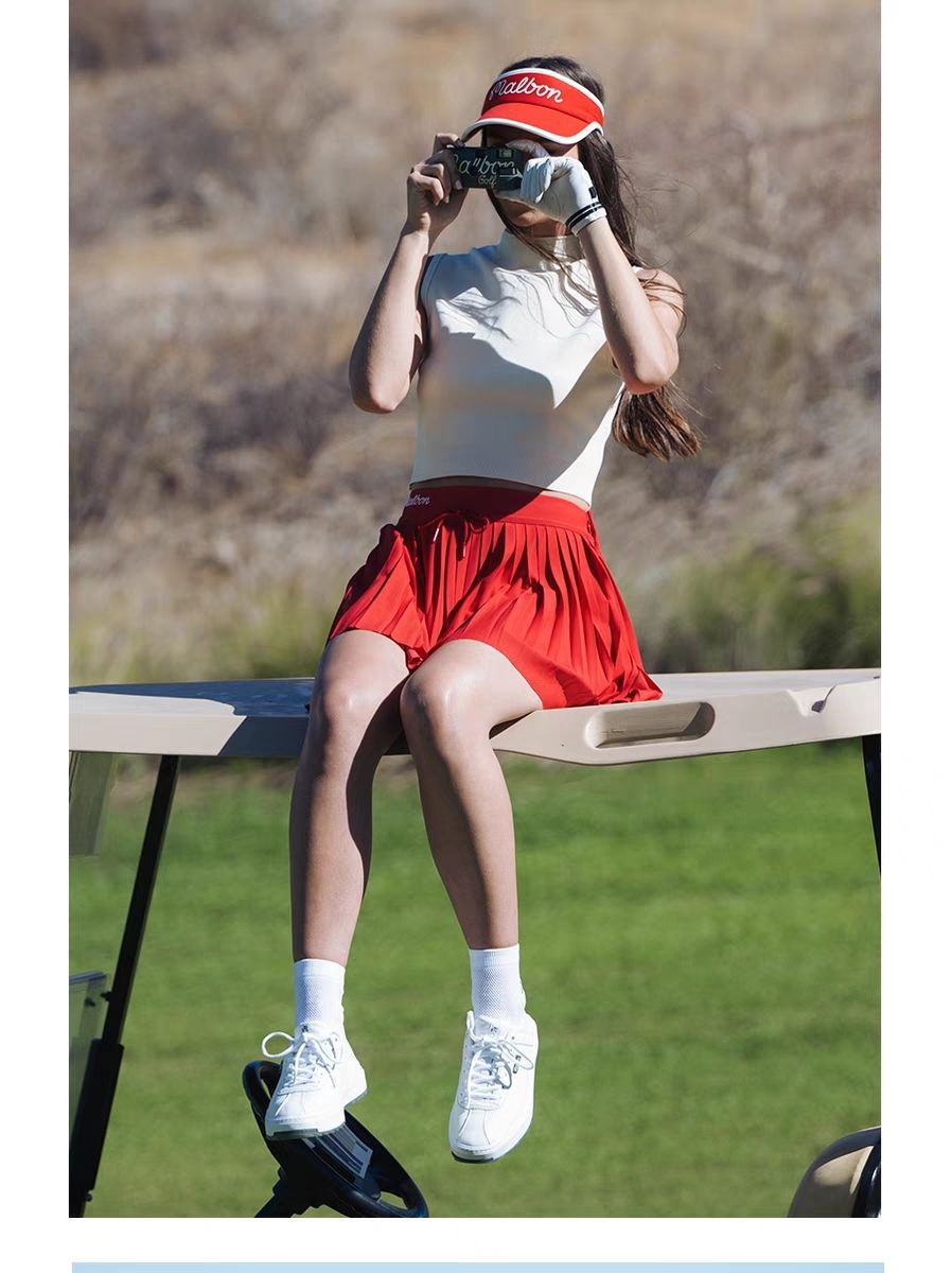 New Malbon Korea Golf Women's Pleated Skirt Red / White