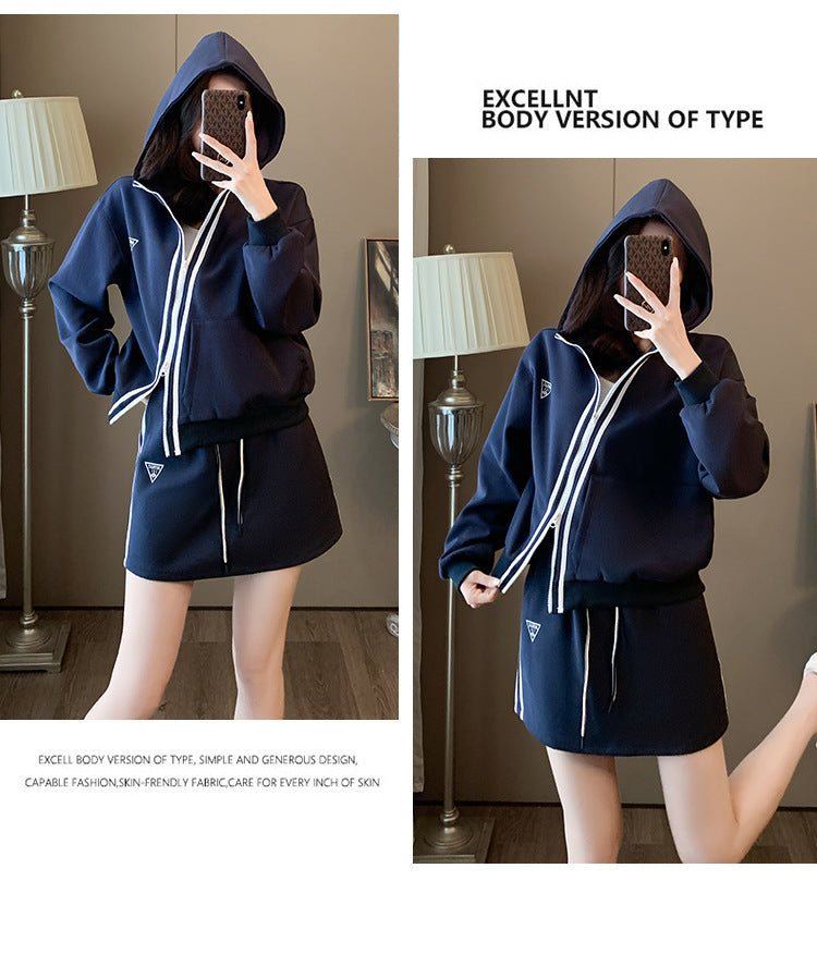 GREEN STAR Golf Two-Piece Set Women's casual sportswear Striped Zip-Up Hoodie + Skirt set