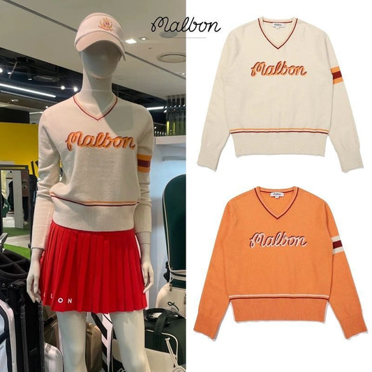 MALBON Korea Women Round Neck Logo Knit Top Sweater 24FW V-Neck Long Sleeve shirt