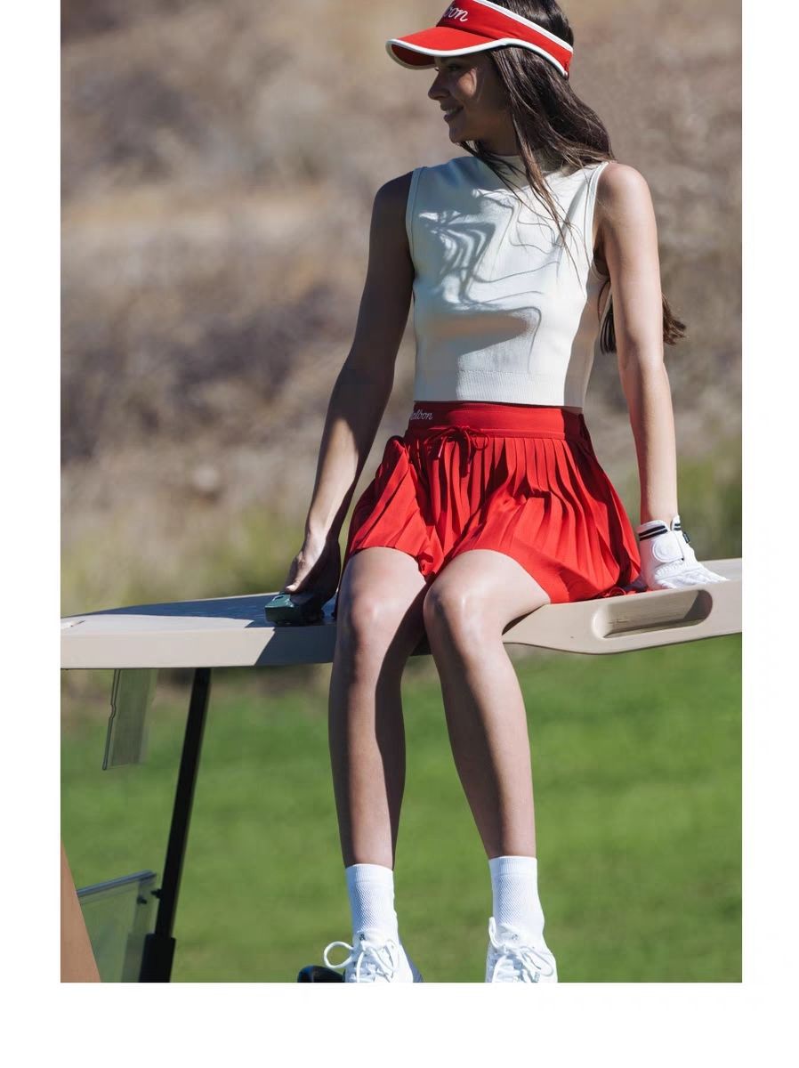 New Malbon Korea Golf Women's Pleated Skirt Red / White