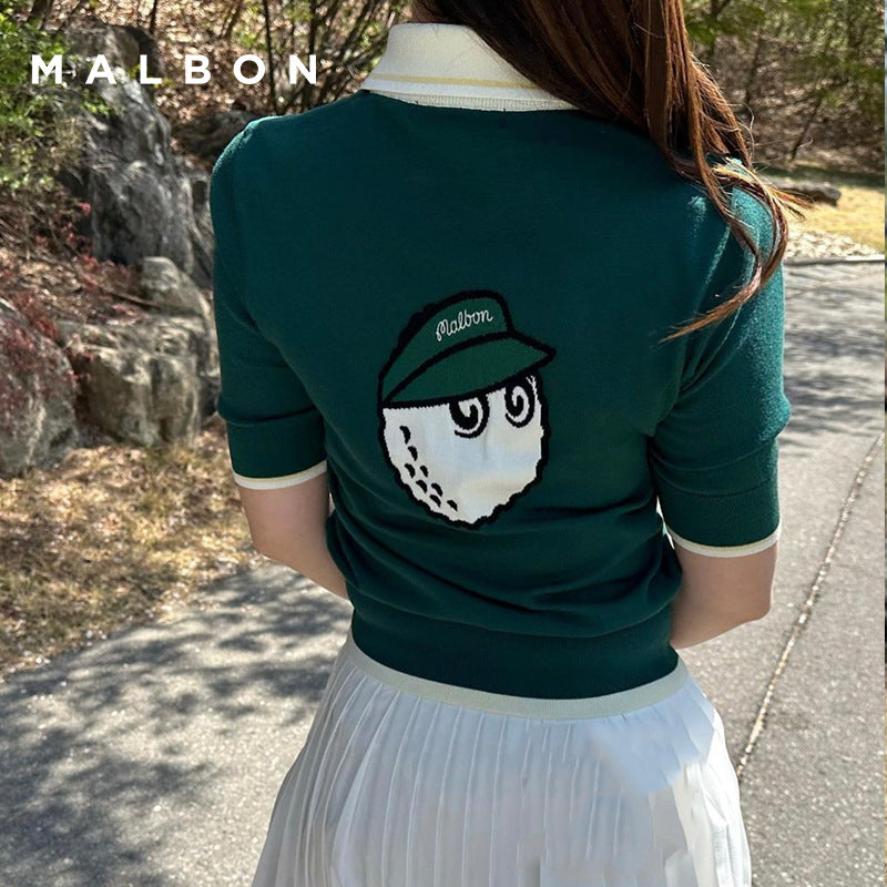 MALBON Korea Golf Women Knit Woodley Collar Shirt Lapel Short Sleeve Embroidered Top