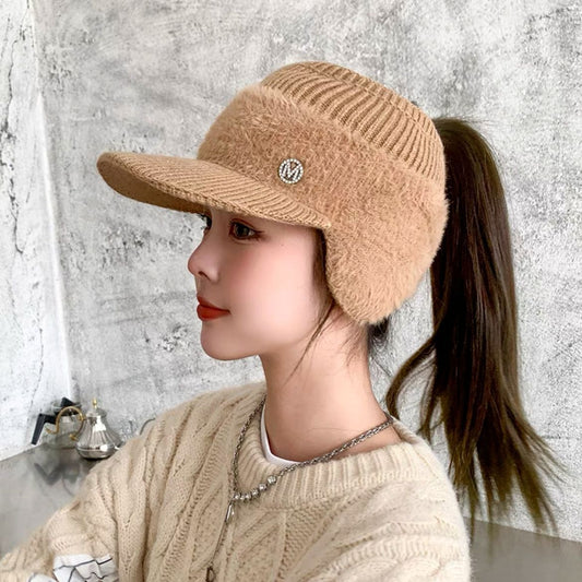 GREEN STAR New Women's Warm Ear Protection Golf Hat with empty top wool knit cap Korean version