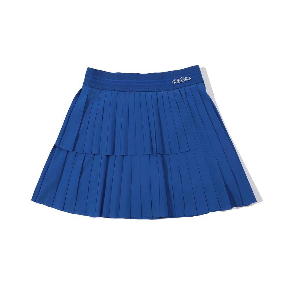 New Malbon Korea Women's Double Layered Pleated Golf Skirt, Elasticated Waist White/Blue/Green