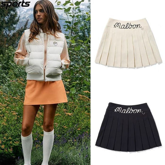 New Malbon Korea Golf Skirt Solid Color with Pleated Back Women's Skirt White Orange