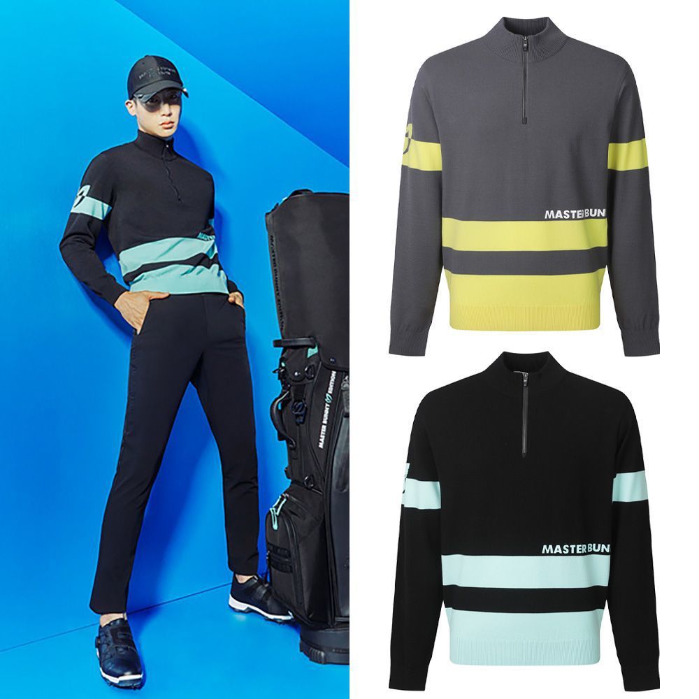 MASTER BUNNY EDITION Men Zipper Collar Golf Sweater, Knit Top Shirt