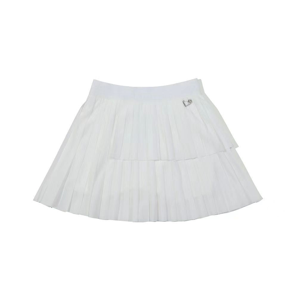 New Malbon Korea Women's Double Layered Pleated Golf Skirt, Elasticated Waist White/Blue/Green