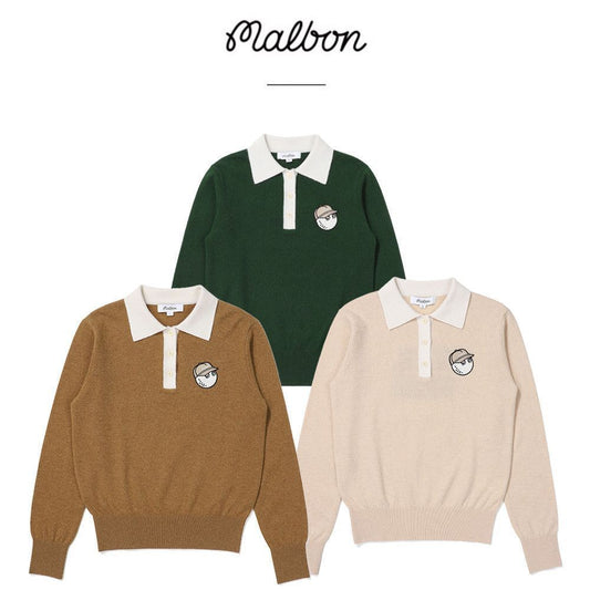 MALBON golf Korea Women FW cashmere sweater long sleeve knit embroidery sports polo pullover shirt