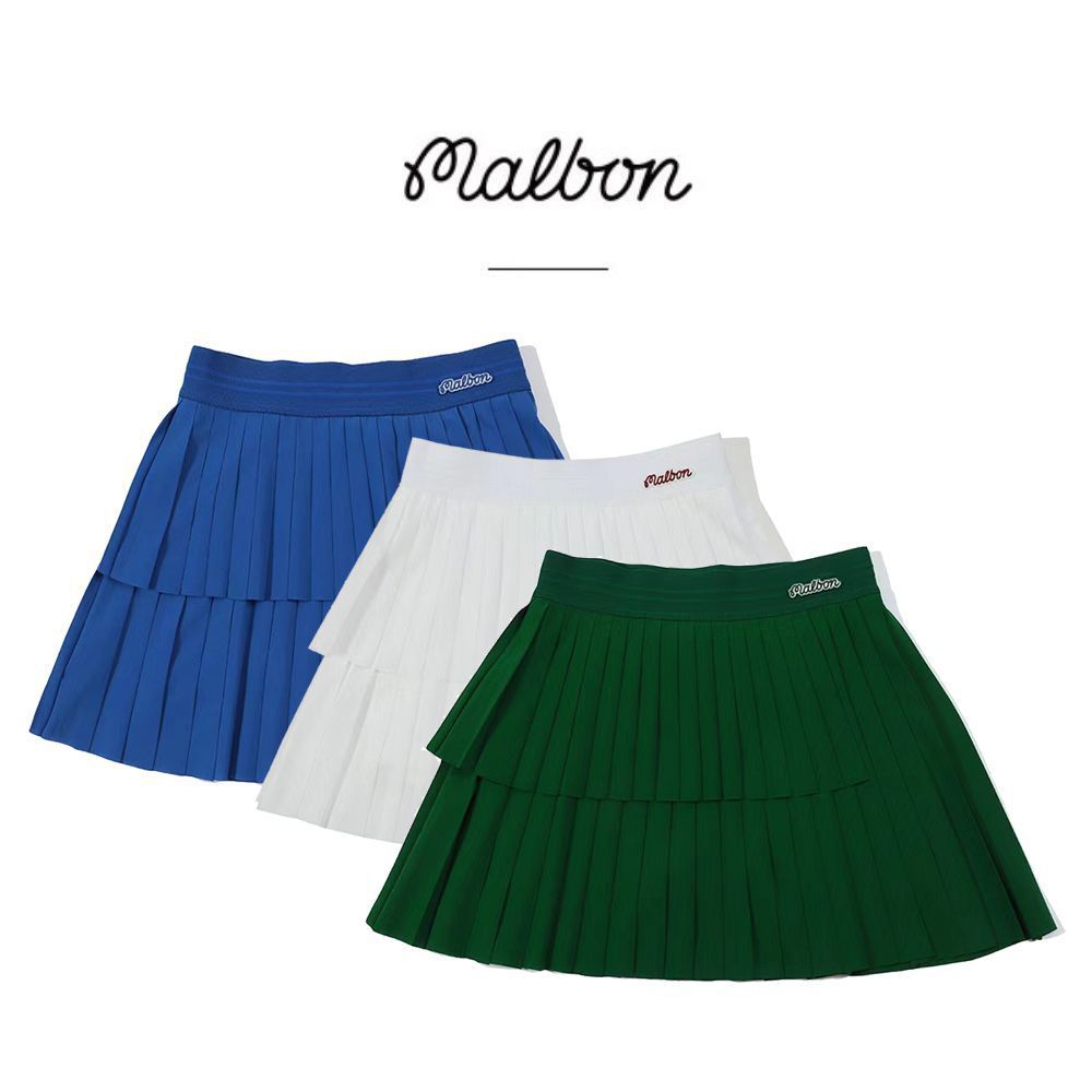 New Malbon Korea Women's Double Layered Pleated Golf Skirt, Elasticated Waist White/Blue/Green